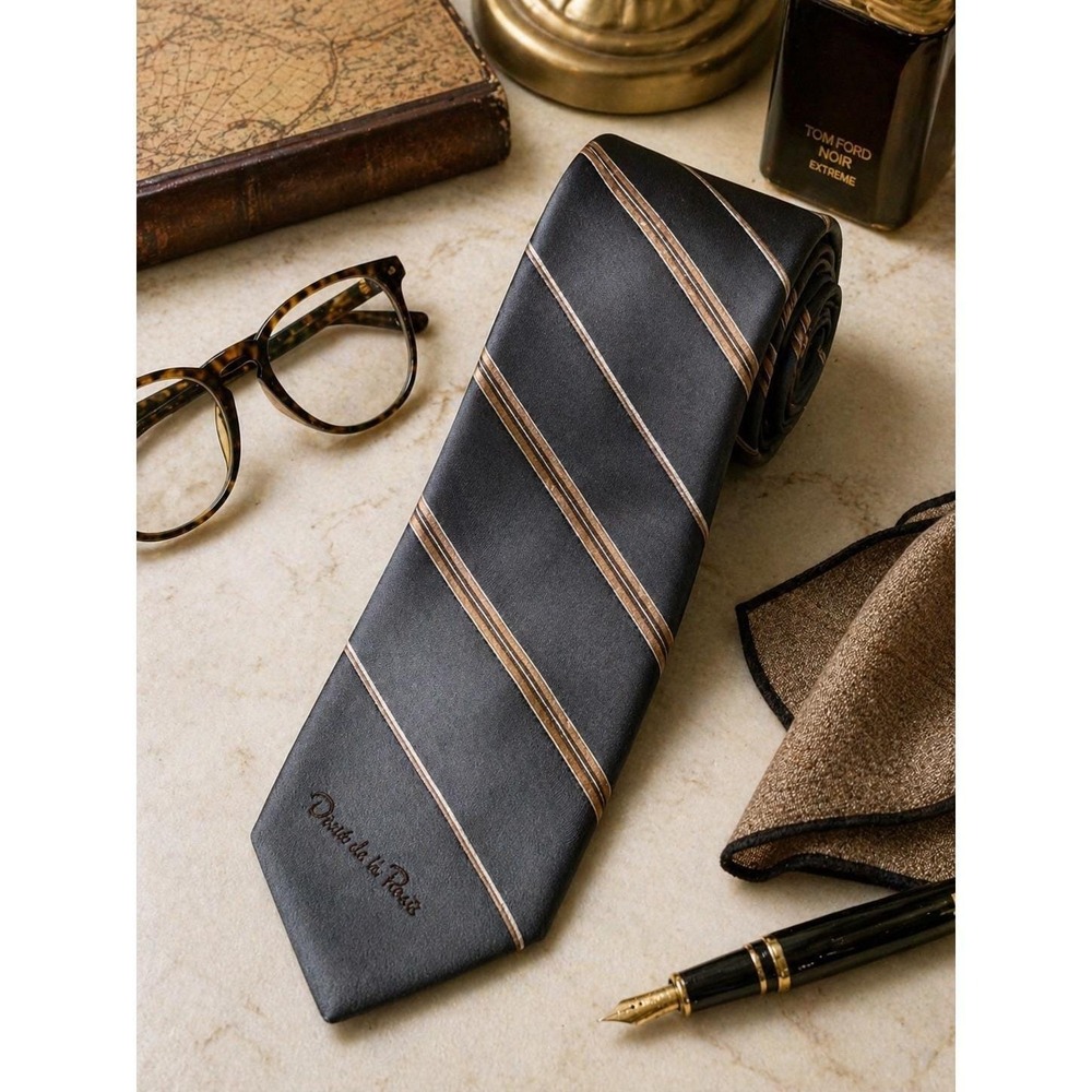 Oscar de la Renta Mens Silk Necktie Charcoal Grey Tan Striped Designer Tie